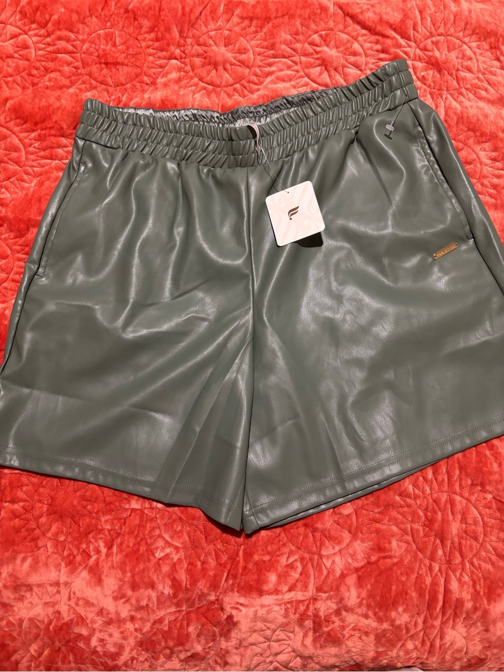 Fabletics Vegan Leather Green Women’s Elastic Waist Shorts